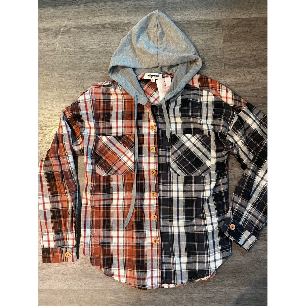 NEW‎ Haptics Plaid Colorblock Hooded Button Up Shirt Size S
